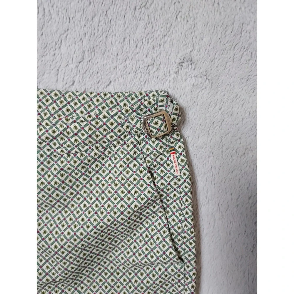 Orlebar Brown Swim Short Mens 38 Bulldog  Geometric Print Green Adjustable Waist